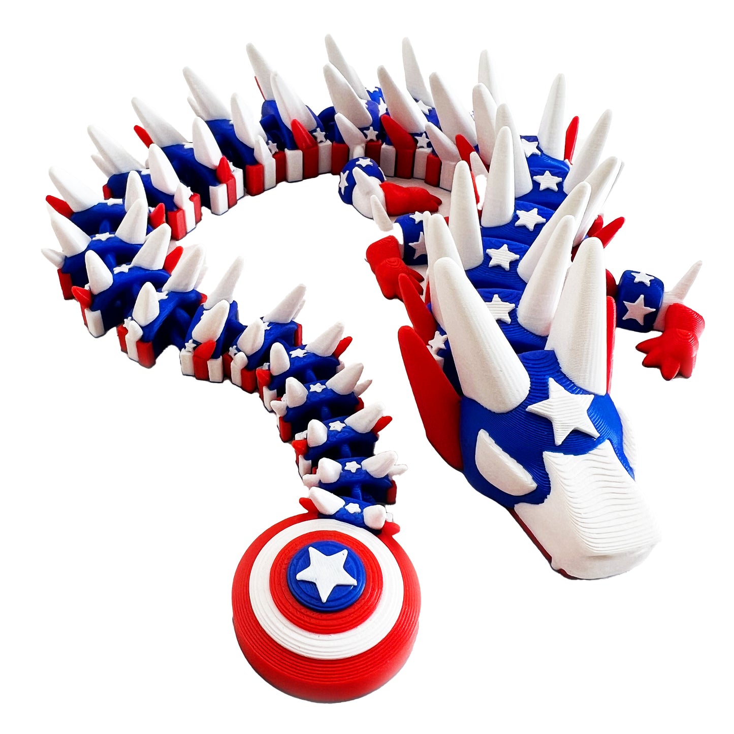 Patriot Dragon – 3D Printed Articulated Hero Creature, Red White & Blue Fantasy Toy with Star Shield Tail