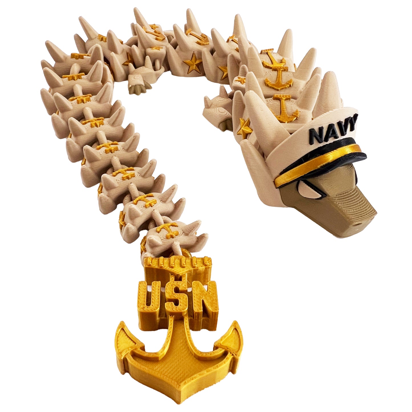 Navy Dragon – 3D Printed Articulated Military Fantasy Toy, Naval-Themed Poseable Creature with Cap & Anchors
