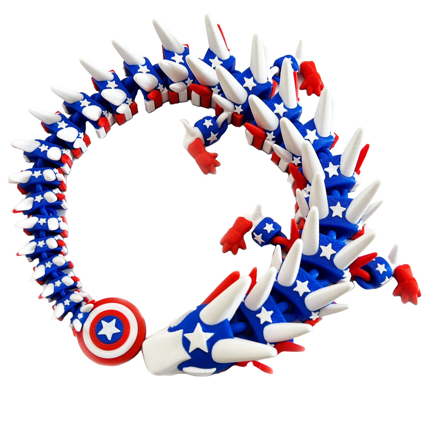 Patriot Dragon – 3D Printed Articulated Hero Creature, Red White & Blue Fantasy Toy with Star Shield Tail