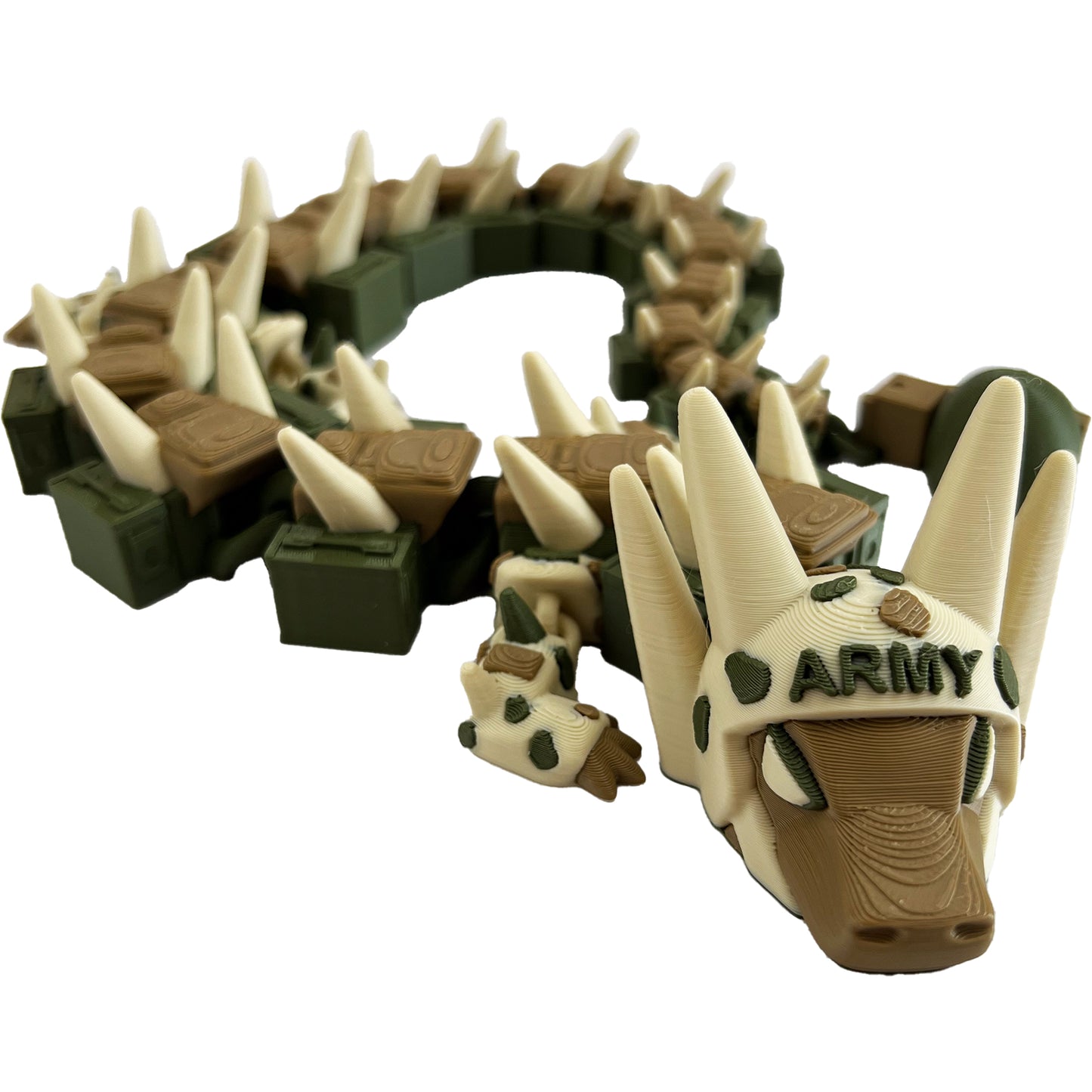 Army Dragon – 3D Printed Articulated Camouflage Dragon, Military-Inspired Fantasy Toy with Helmet & Ammo Crate Detail