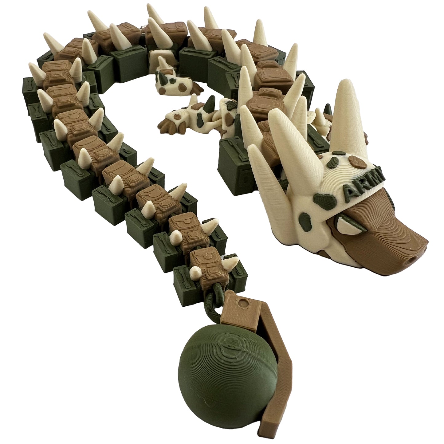 Army Dragon – 3D Printed Articulated Camouflage Dragon, Military-Inspired Fantasy Toy with Helmet & Ammo Crate Detail