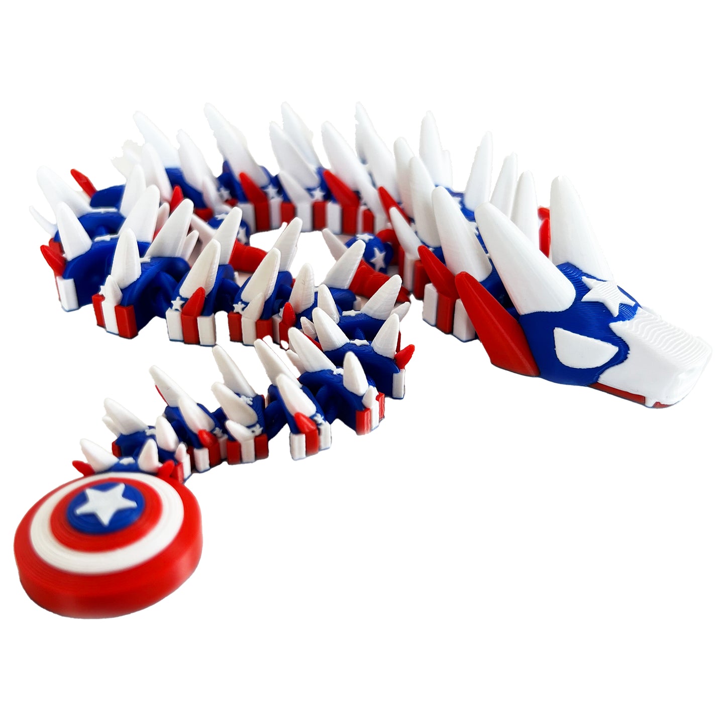 Patriot Dragon – 3D Printed Articulated Hero Creature, Red White & Blue Fantasy Toy with Star Shield Tail