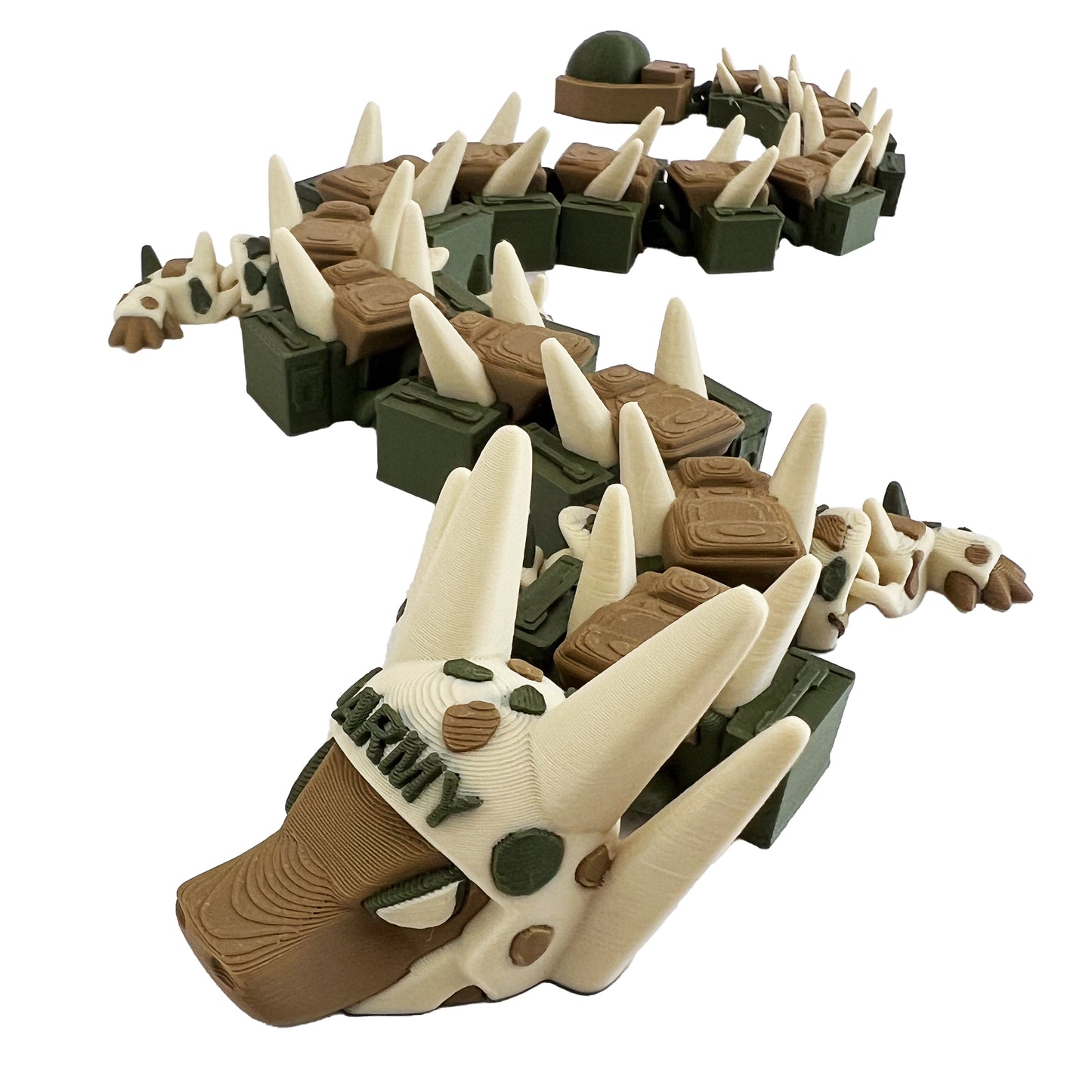 Army Dragon – 3D Printed Articulated Camouflage Dragon, Military-Inspired Fantasy Toy with Helmet & Ammo Crate Detail