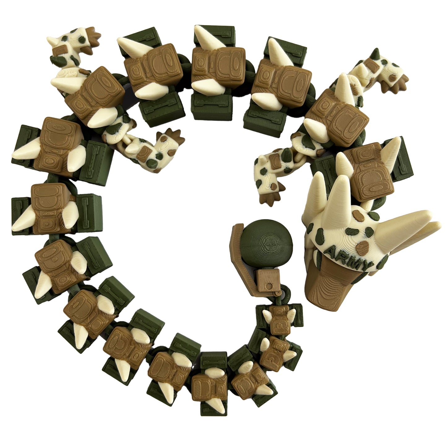 Army Dragon – 3D Printed Articulated Camouflage Dragon, Military-Inspired Fantasy Toy with Helmet & Ammo Crate Detail