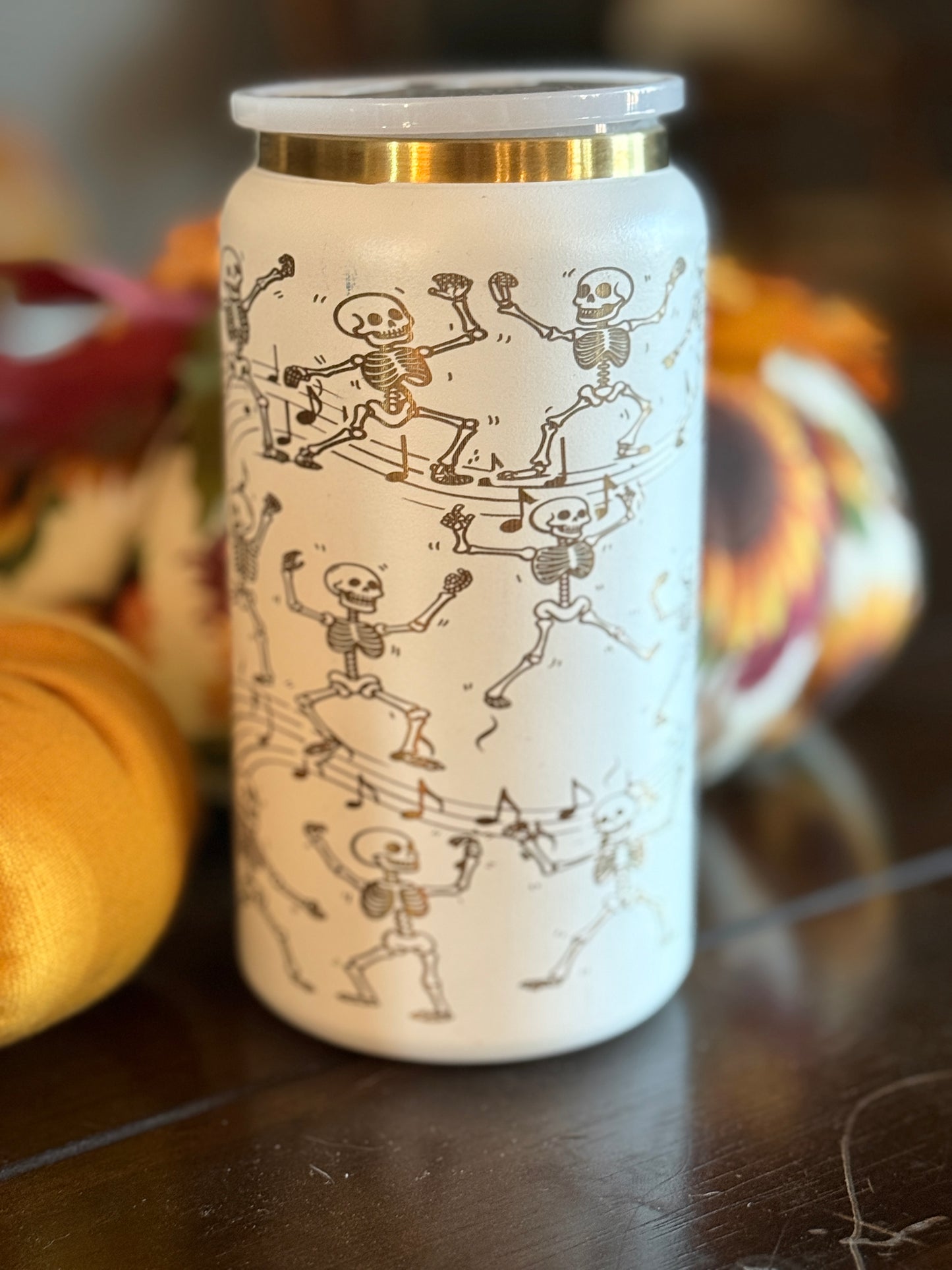 Dancing Skeletons Laser Engraved Tumbler – 16oz Stainless Steel with Lid & Straw