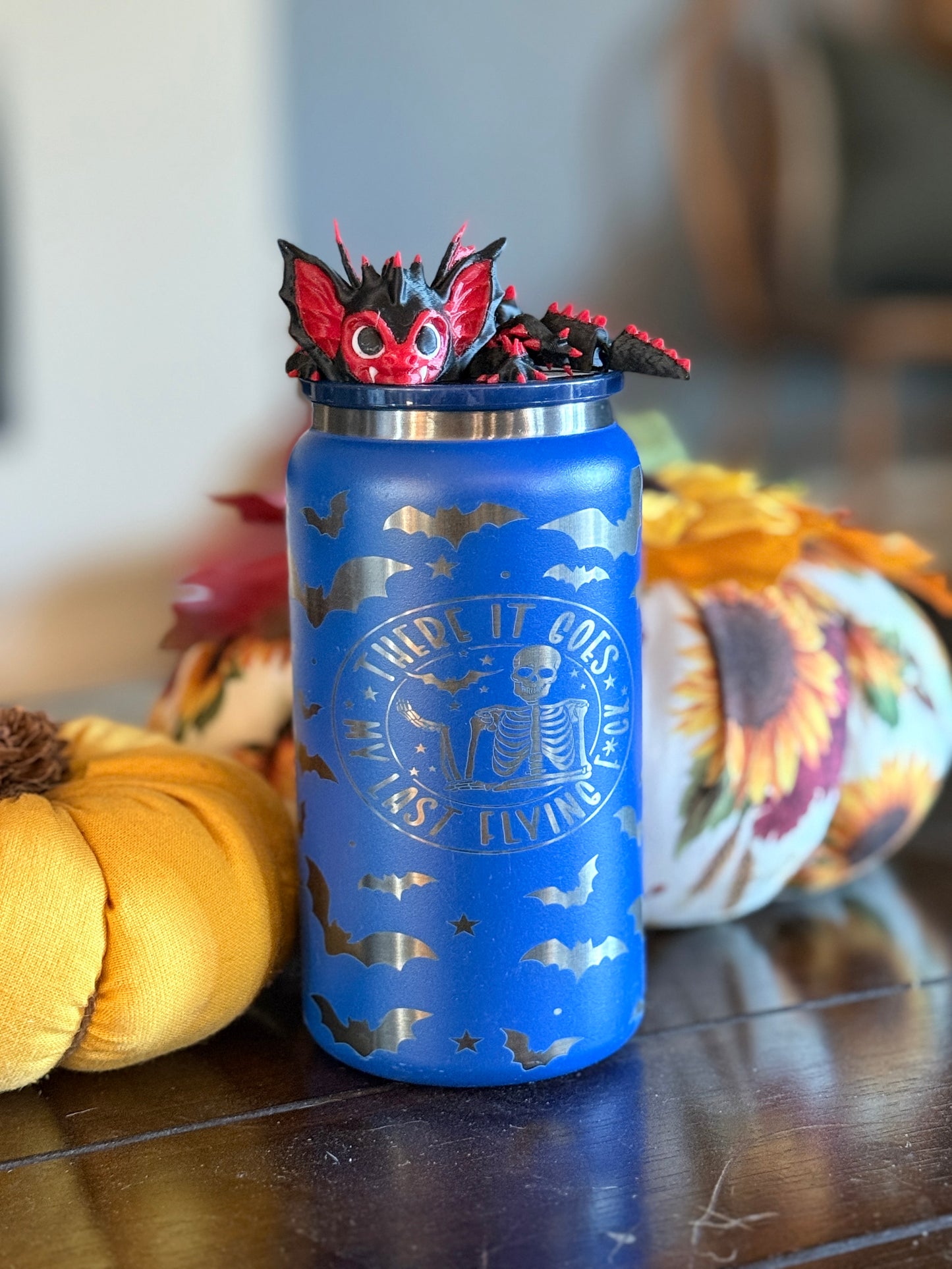 “There It Goes My Last Flying F*ck” Laser Engraved Tumbler | Skeleton & Bats Stainless Steel Drinkware (16oz, 20oz, 30oz, 40oz)