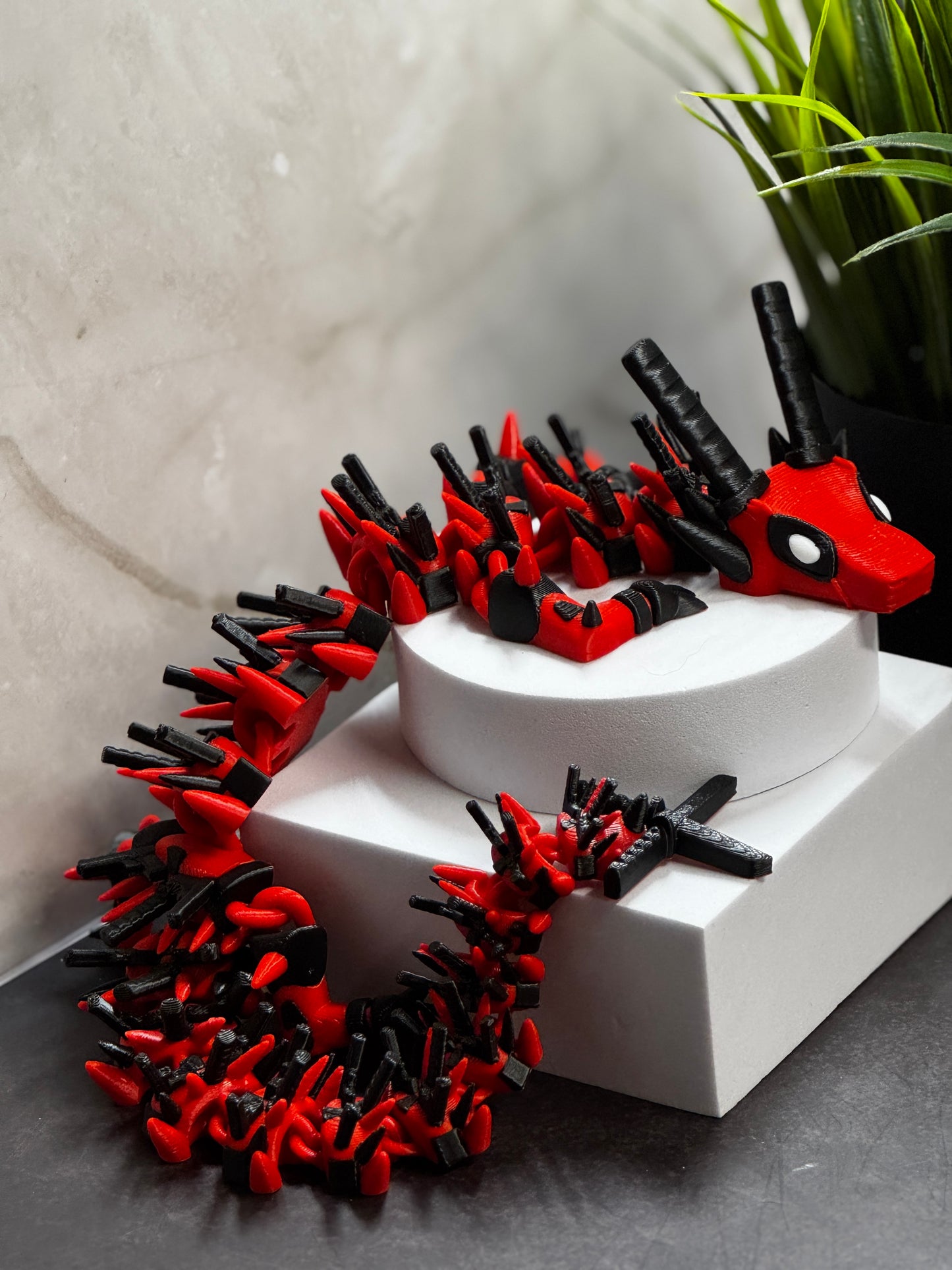 3D Printed Articulated Dead Dragon – Red & Black Demon Dragon Toy, Poseable Fidget Creature, Fantasy Collectible