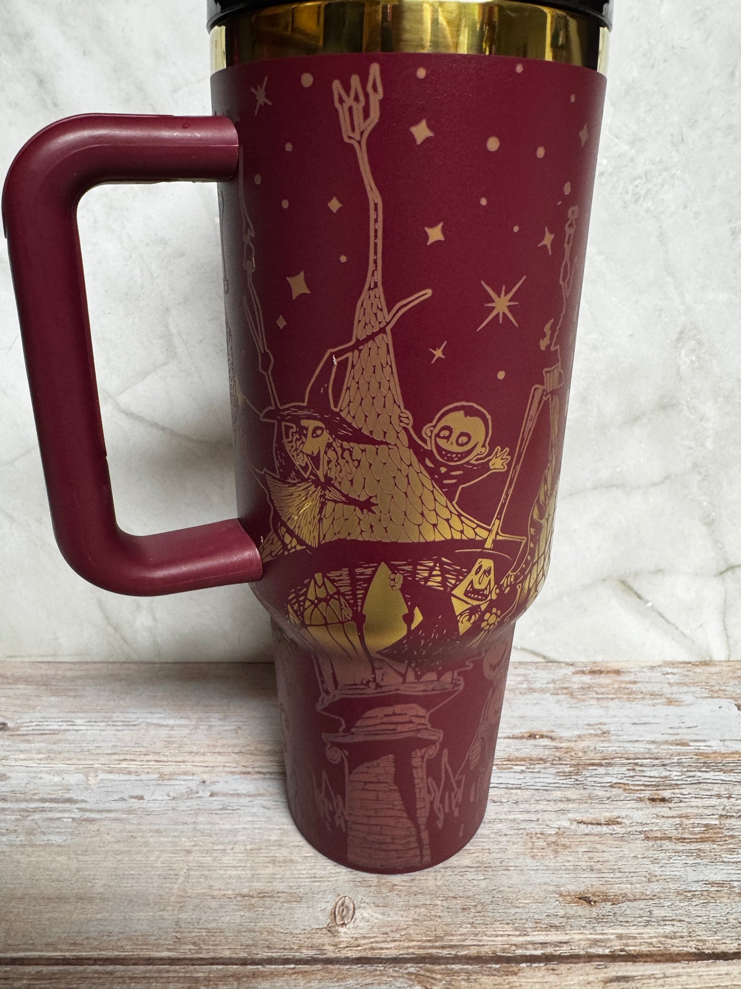 40 oz NBC Tumbler – Laser Engraved | Maroon Stainless Steel with Handle | Jack & Sally Design | Dishwasher Safe