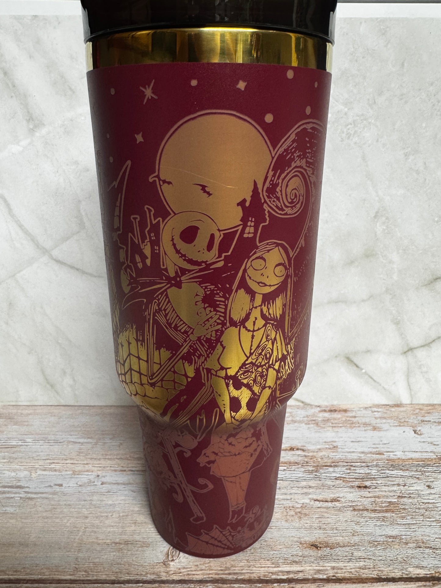 40 oz NBC Tumbler – Laser Engraved | Maroon Stainless Steel with Handle | Jack & Sally Design | Dishwasher Safe