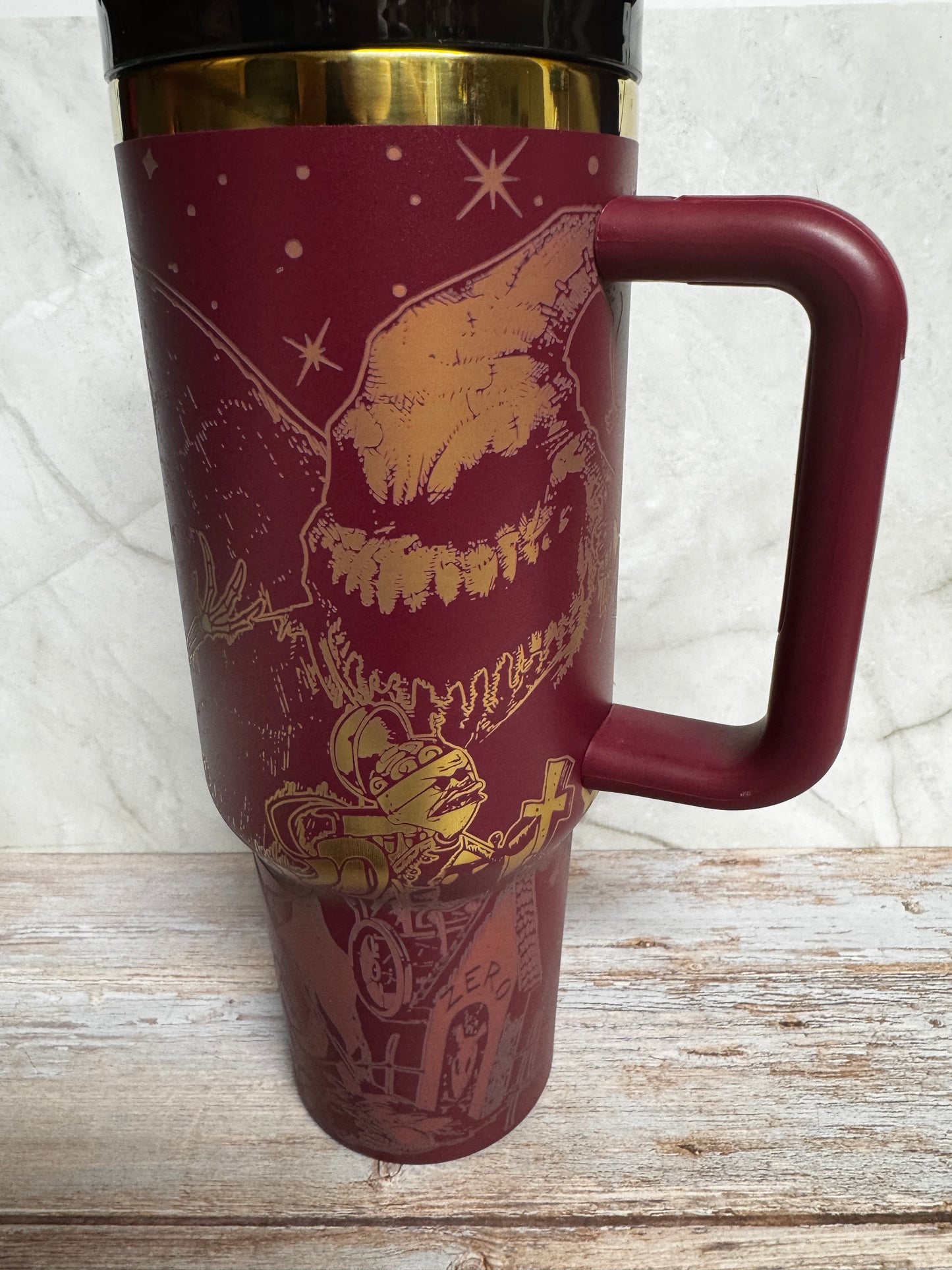 40 oz NBC Tumbler – Laser Engraved | Maroon Stainless Steel with Handle | Jack & Sally Design | Dishwasher Safe