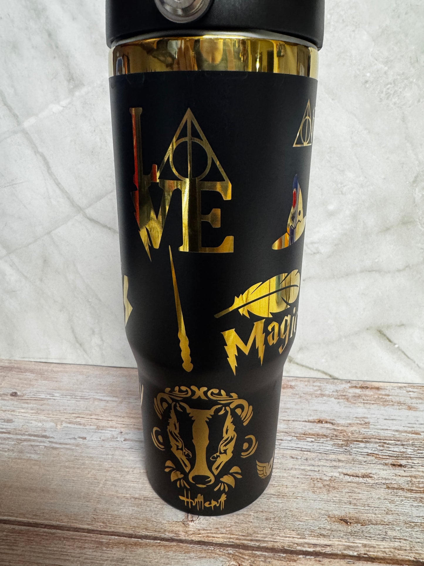 30 oz Yellow House Tumbler – Laser Engraved Gold on Black | Dishwasher Safe