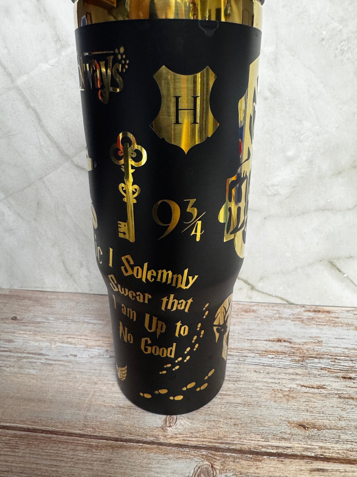30 oz Yellow House Tumbler – Laser Engraved Gold on Black | Dishwasher Safe