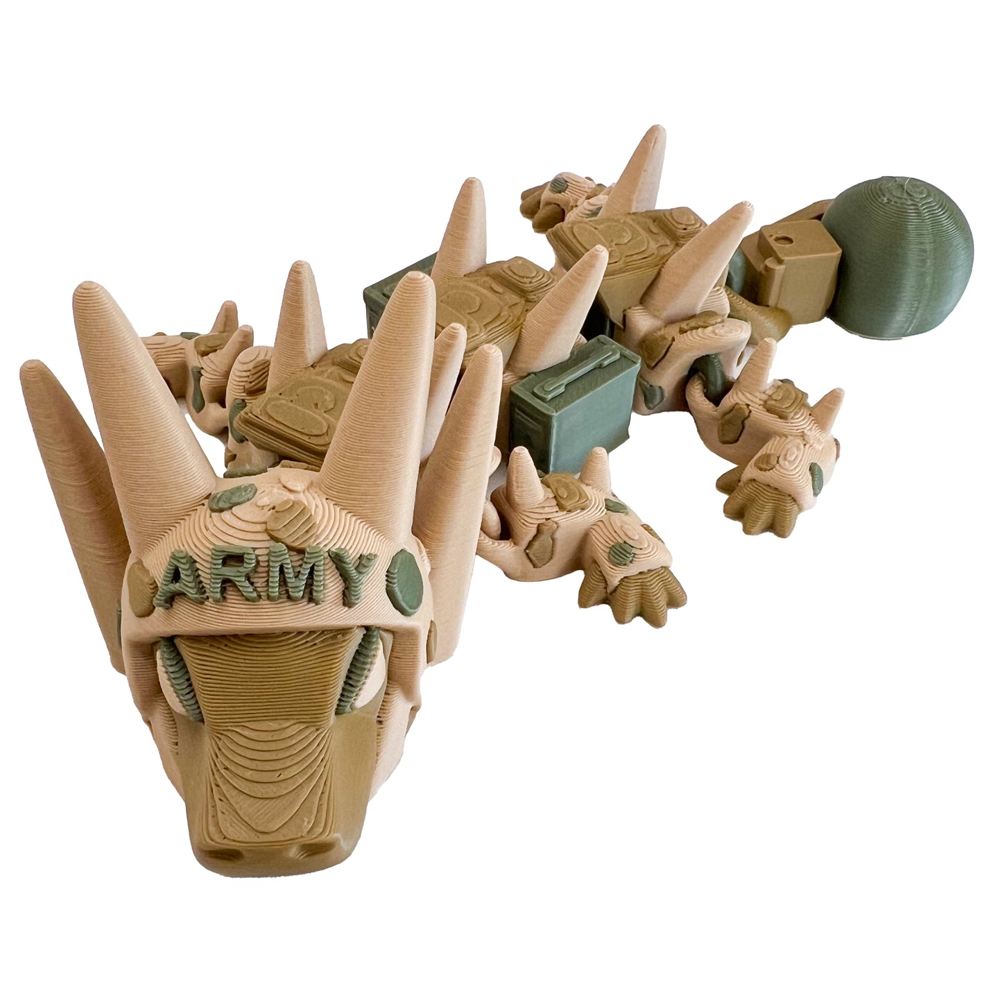 Army Dragon – 3D Printed Articulated Camouflage Dragon, Military-Inspired Fantasy Toy with Helmet & Ammo Crate Detail