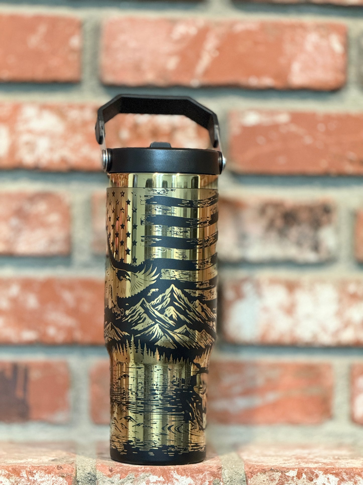 American Wilderness Eagle Tumbler – Patriotic Flag, Mountains & Wildlife – Laser Engraved