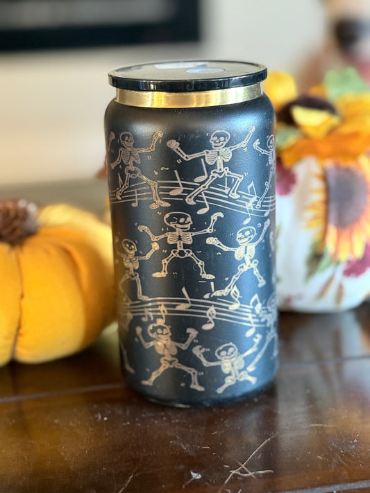 Dancing Skeletons Laser Engraved Tumbler – 16oz Stainless Steel with Lid & Straw