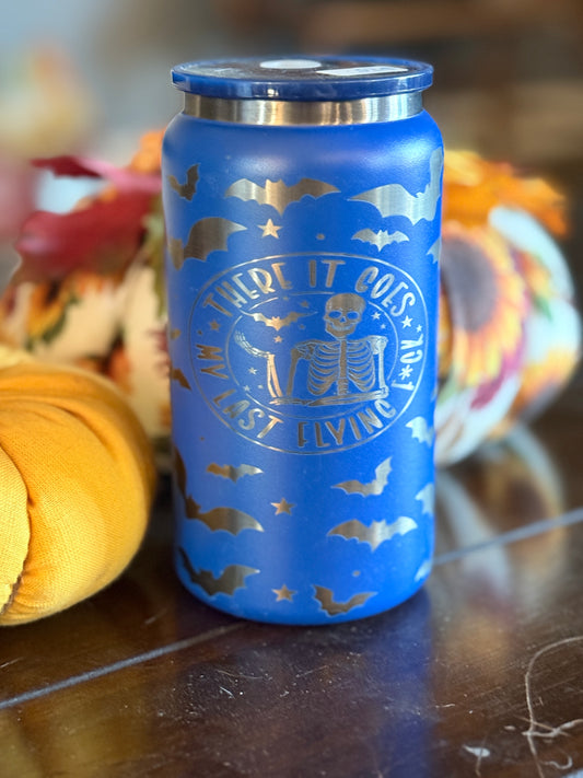 “There It Goes My Last Flying F*ck” Laser Engraved Tumbler | Skeleton & Bats Stainless Steel Drinkware (16oz, 20oz, 30oz, 40oz)