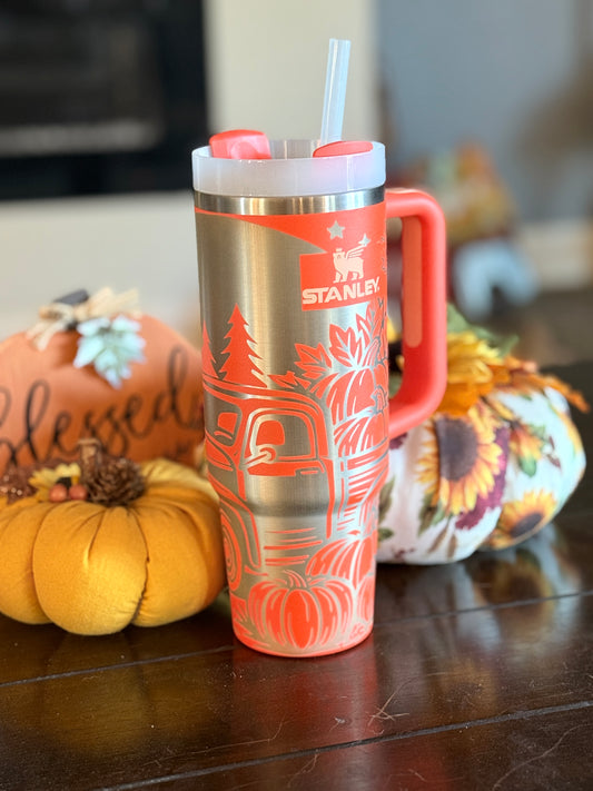 Fall Truck & Pumpkins Laser Engraved Tumbler | Autumn Stainless Steel Drinkware (20oz, 30oz, 40oz)