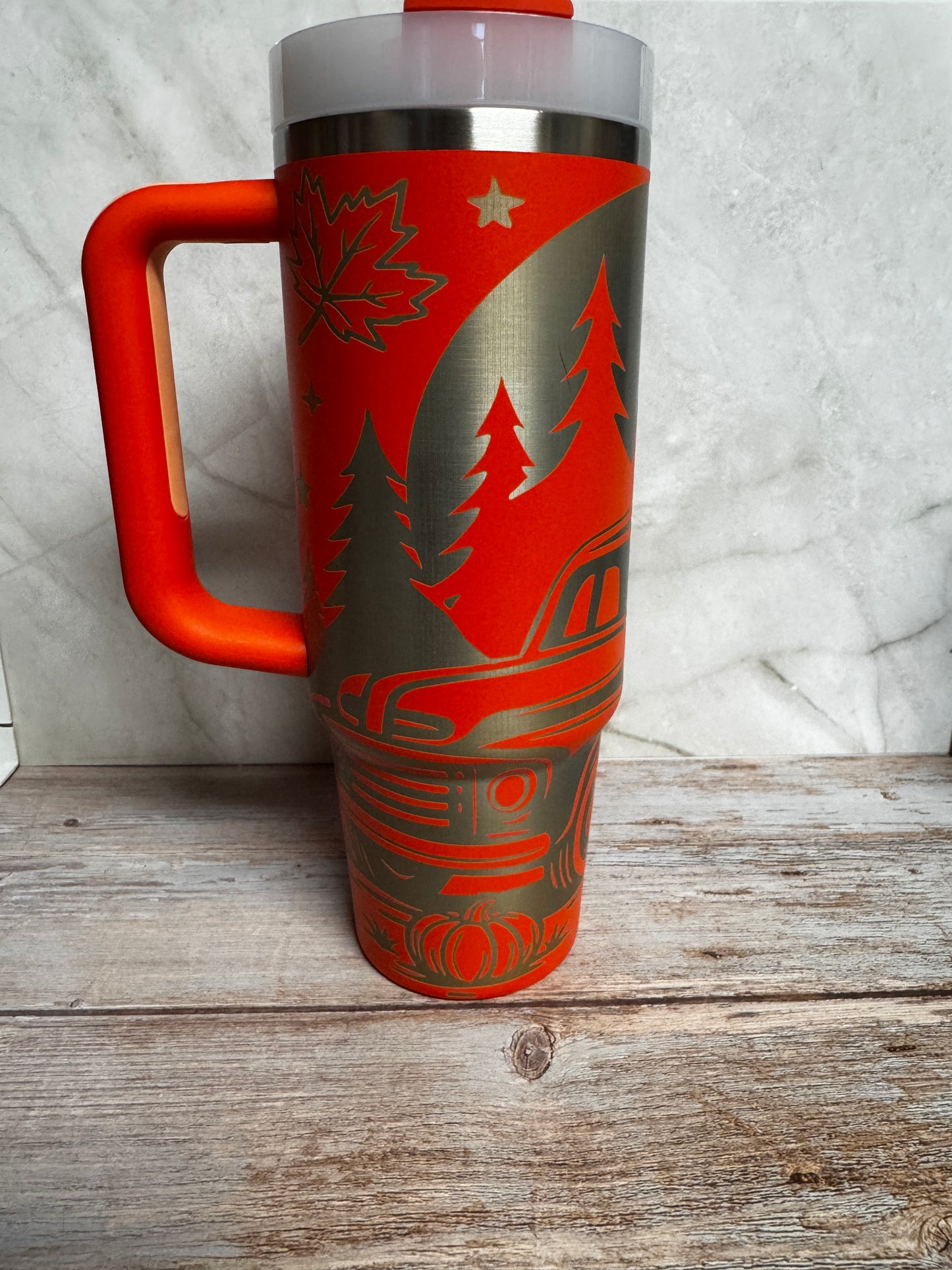 Fall Truck & Pumpkins Laser Engraved Tumbler | Autumn Stainless Steel Drinkware (20oz, 30oz, 40oz)
