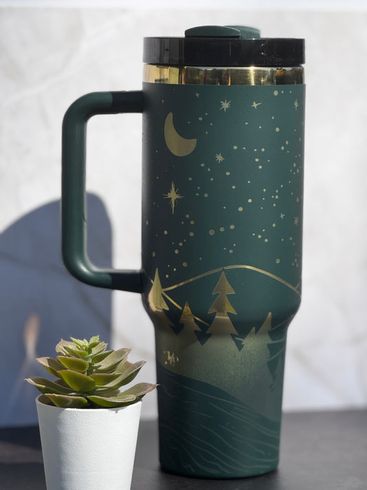 Starry Night Forest & Mountain Laser Engraved Tumbler | Stainless Steel Insulated Drinkware (16oz, 20oz, 30oz, 40oz)
