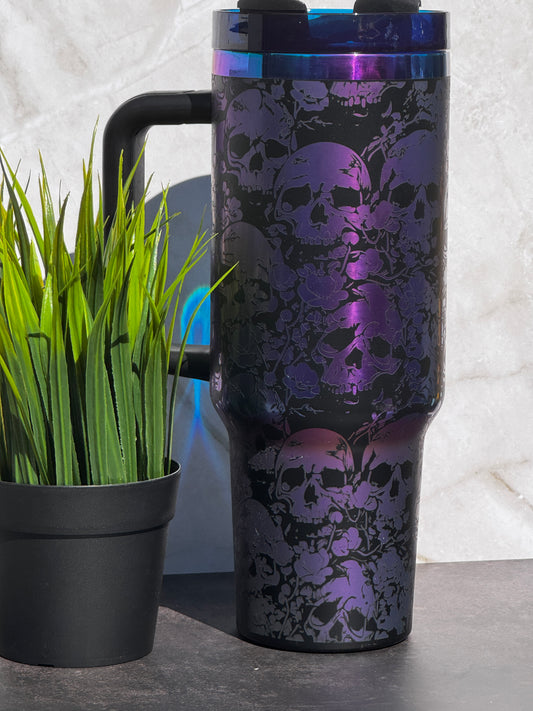 Gothic Skull & Floral Laser Engraved Stainless Steel Tumbler – 16oz, 20oz, 30oz, 40oz
