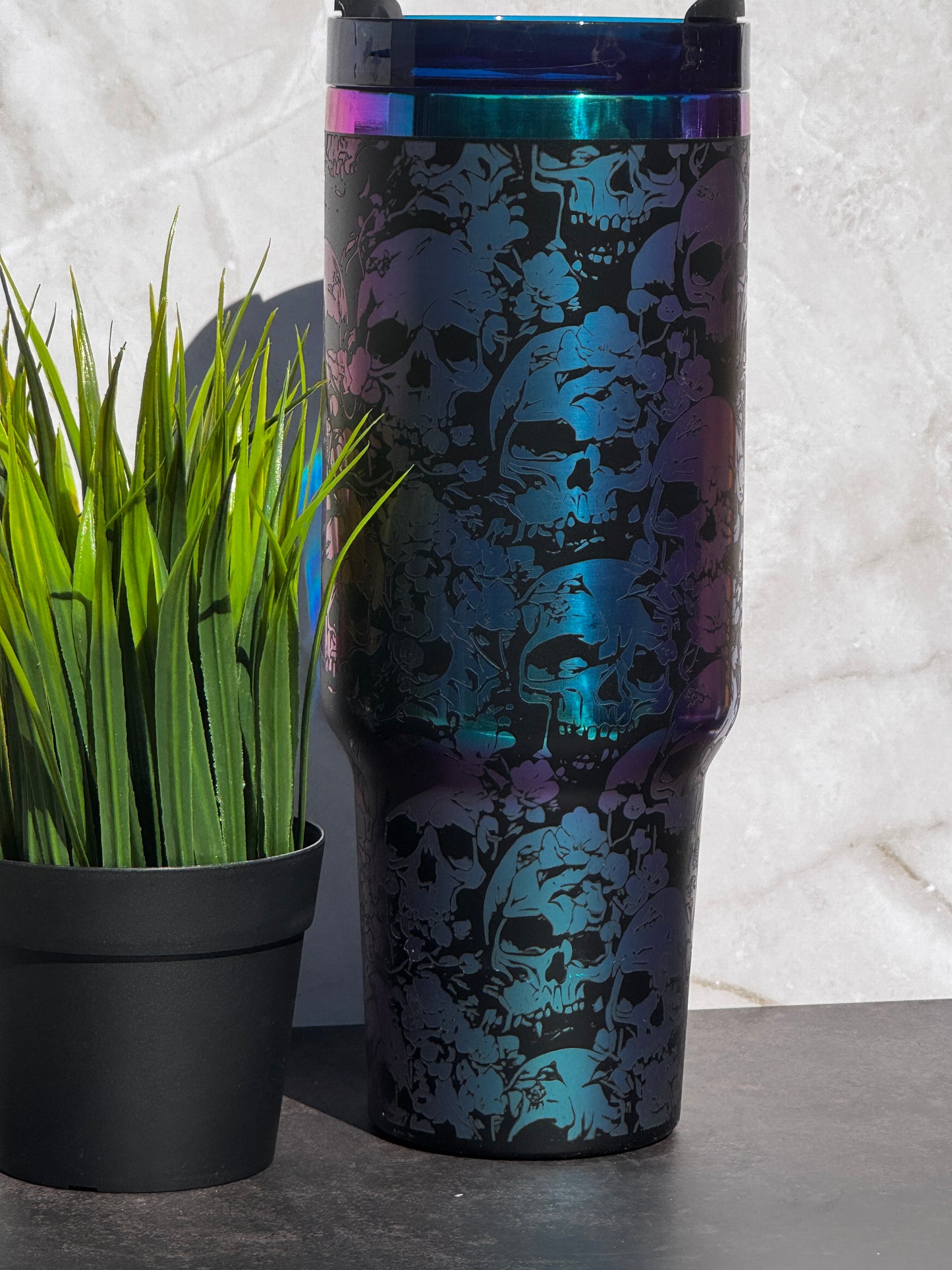 Gothic Skull & Floral Laser Engraved Stainless Steel Tumbler – 16oz, 20oz, 30oz, 40oz