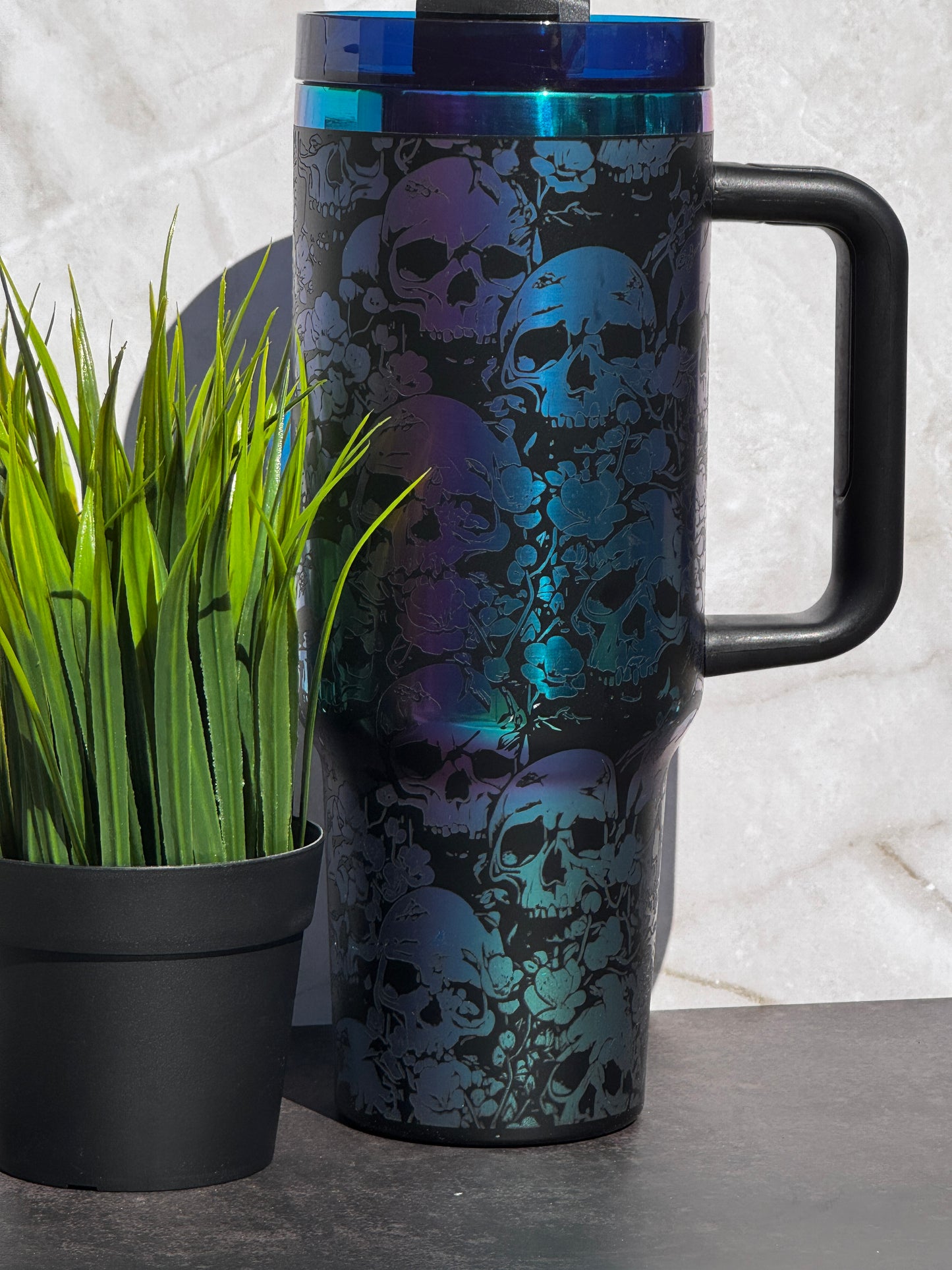 Gothic Skull & Floral Laser Engraved Stainless Steel Tumbler – 16oz, 20oz, 30oz, 40oz