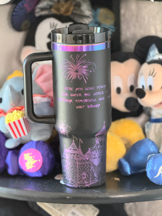 40oz Laser Engraved Fantasy Castle Tumbler with Handle | Dishwasher Safe Stainless Steel Travel Mug
