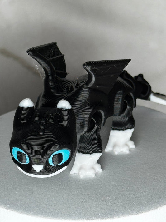 Nightshade – 3D Printed Dragon Cat Hybrid, Articulated Desk Pet, Cute Fantasy Creature Figurine