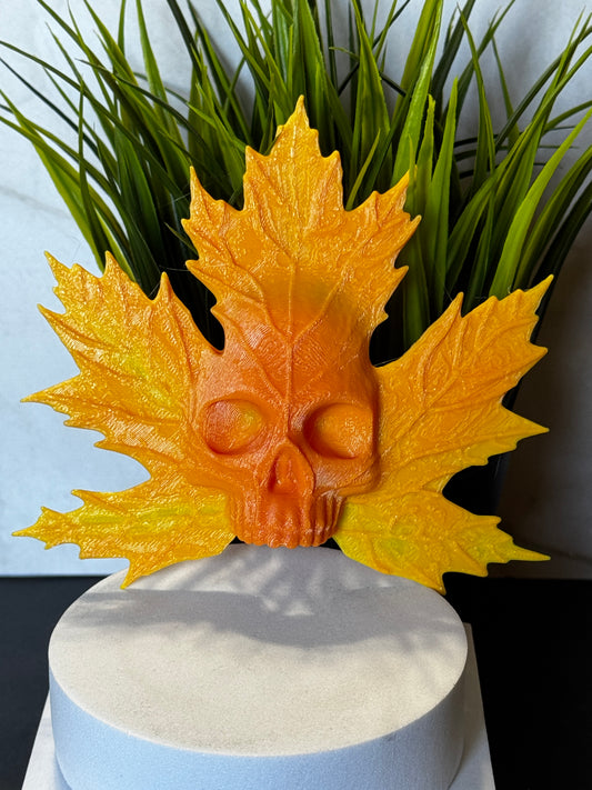 3D Printed Skull Maple Leaf – Fall Gothic Decor, Halloween Tabletop Accent, Autumn Horror Art