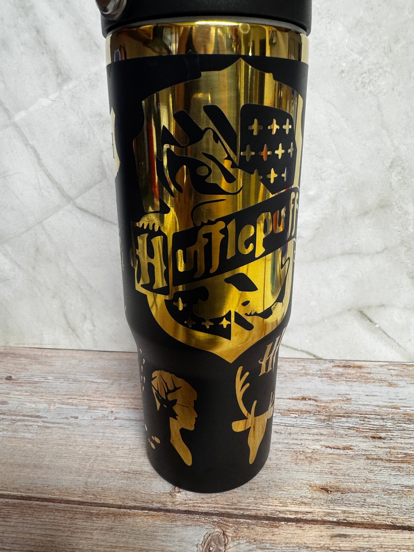30 oz Yellow House Tumbler – Laser Engraved Gold on Black | Dishwasher Safe