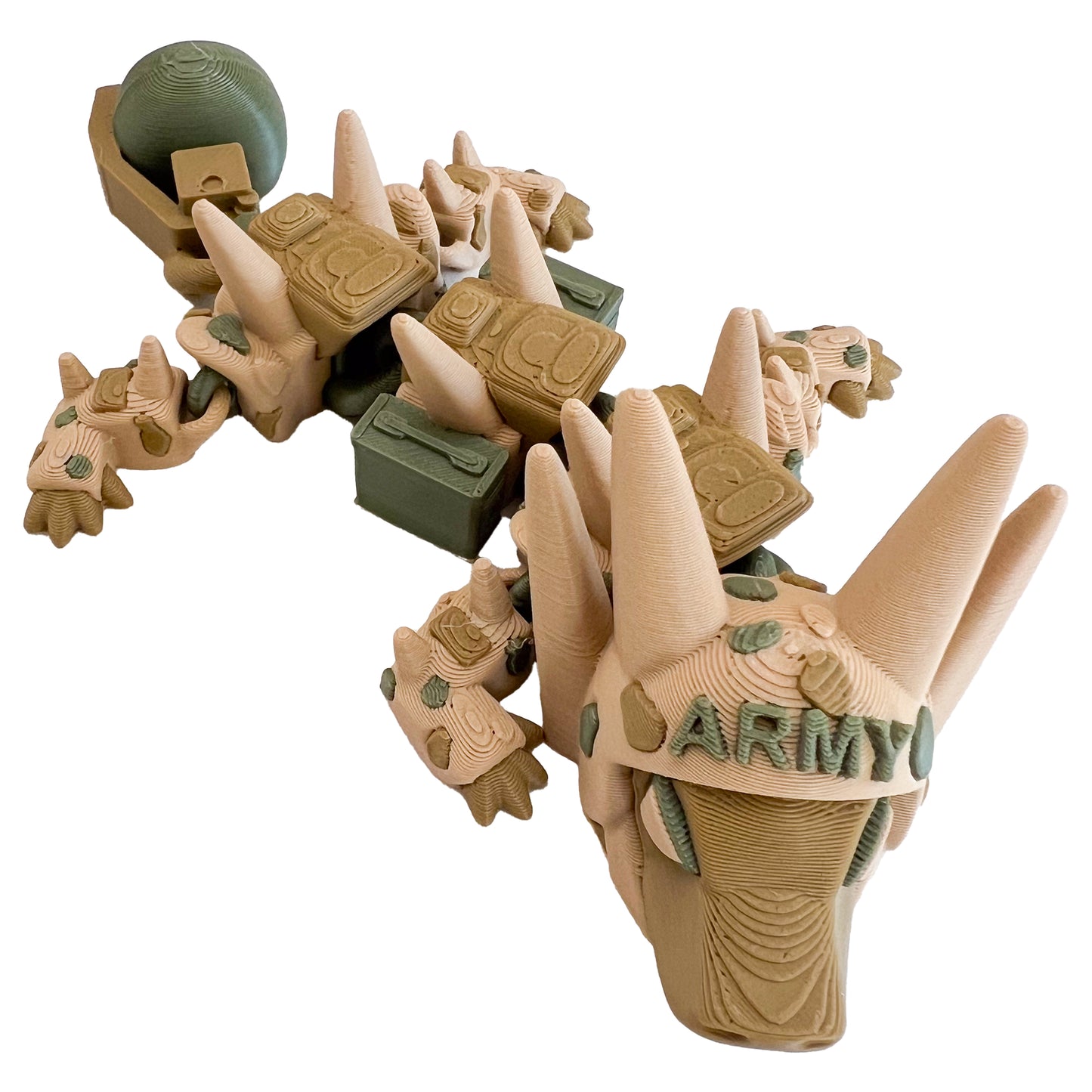 Army Dragon – 3D Printed Articulated Camouflage Dragon, Military-Inspired Fantasy Toy with Helmet & Ammo Crate Detail